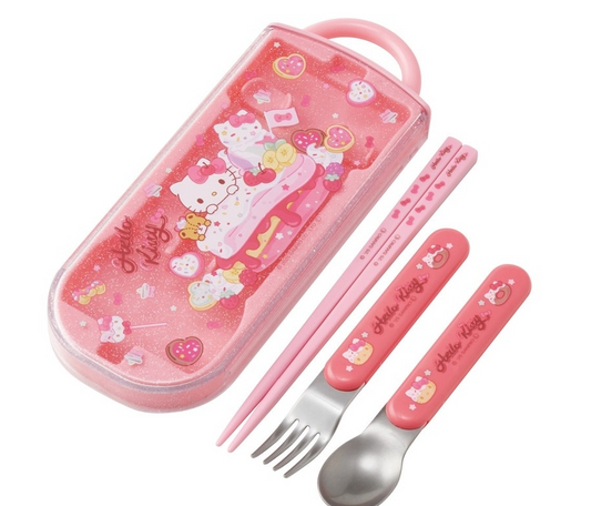 (Pre-Order) Skater Spoon Fork Chopsticks Set Kids Case Dishwasher Compatible Sliding Lunch Hashi Kitty Hello Kitty