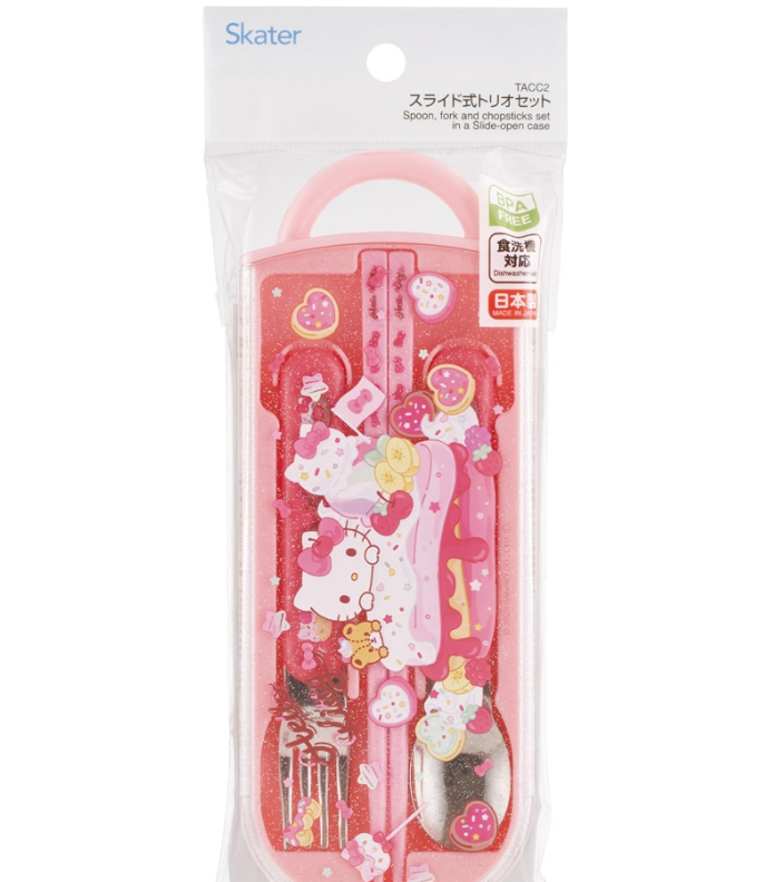(Pre-Order) Skater Spoon Fork Chopsticks Set Kids Case Dishwasher Compatible Sliding Lunch Hashi Kitty Hello Kitty
