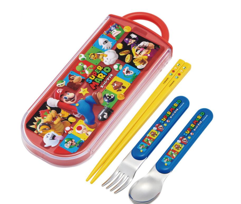 (Pre-Order) Skater hildren's antibacterial lunch box trio set Easy to open sliding type (set of chopsticks, spoon, fork) Super Mario