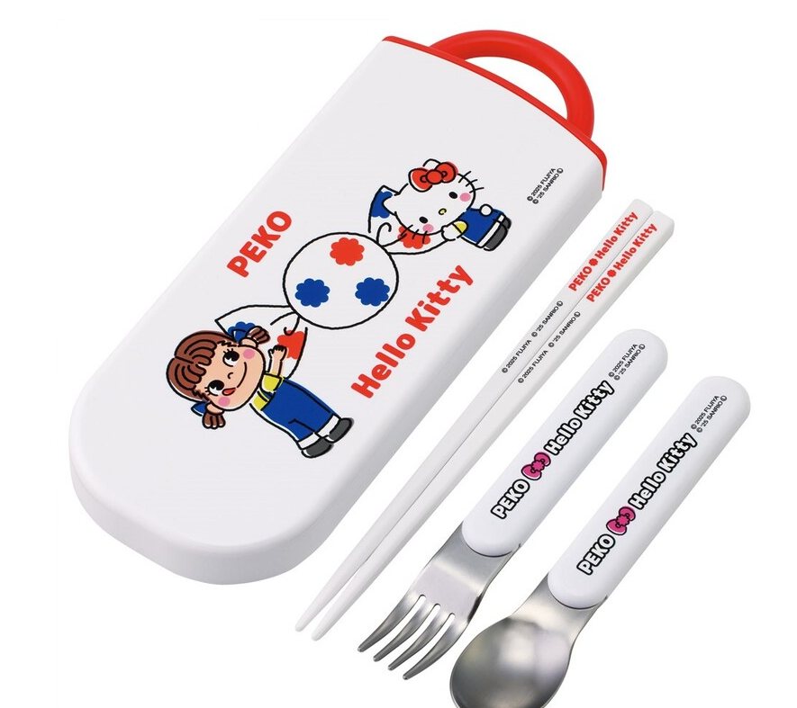 (Pre-Order) Skater Children's Antibacterial Lunch Box Trio Set Easy to Open Sliding Type (Set of Chopsticks, Spoon, Fork) Peko-chan ×Hello Kitty