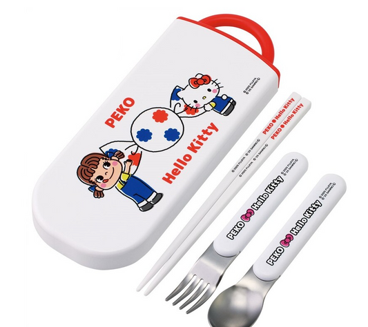 (Pre-Order) Skater Children's Antibacterial Lunch Box Trio Set Easy to Open Sliding Type (Set of Chopsticks, Spoon, Fork) Peko-chan ×Hello Kitty