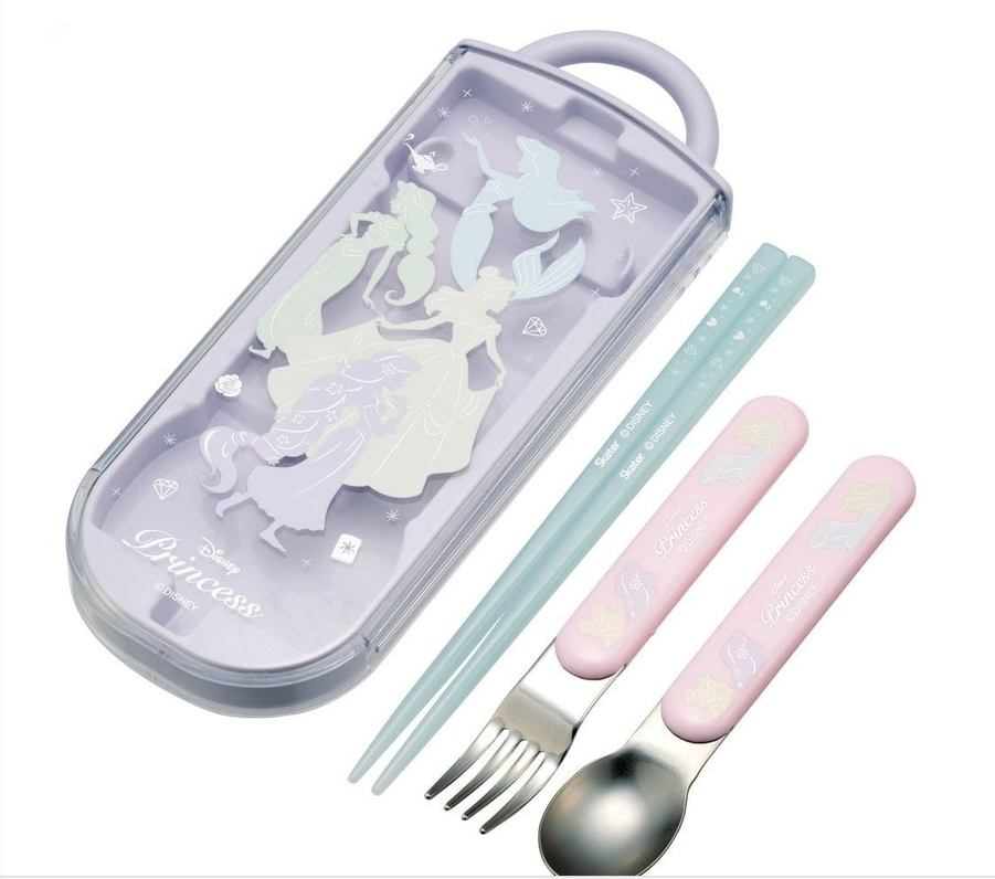 (Pre-Order) Skater Children's Antibacterial Lunch Box Trio Set Easy to Open Sliding Type (Set of Chopsticks, Spoon, Fork) Princess Silhouette