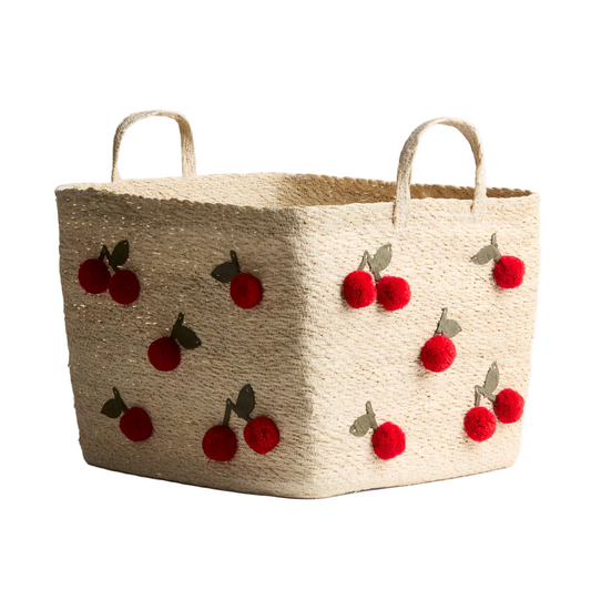 (Pre-order) H&M Home Large Pompom Seagrass Storage Basket - Cherry 35x35x30cm