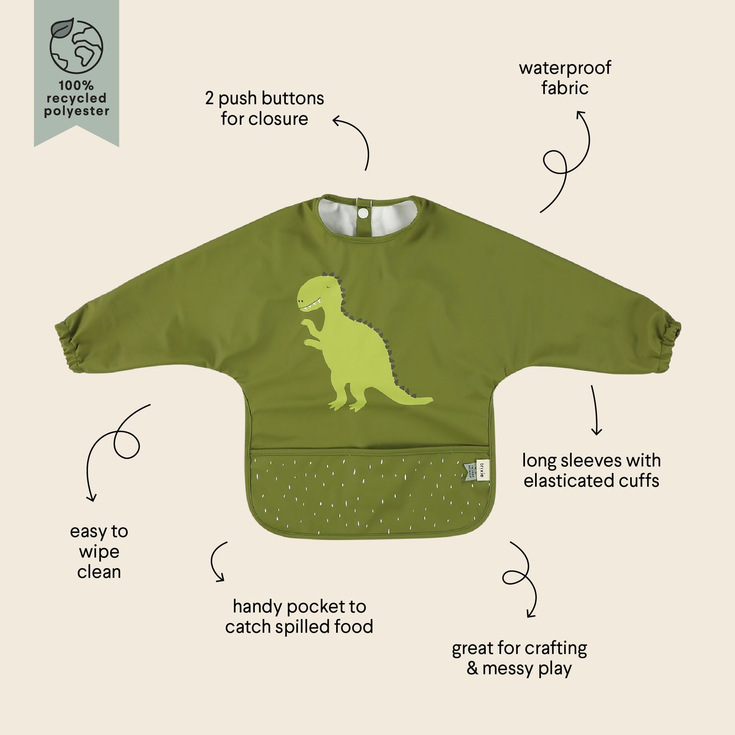 (Pre-Order) SALE Trixie Water-repellent bib with sleeves - Mr. Dino
