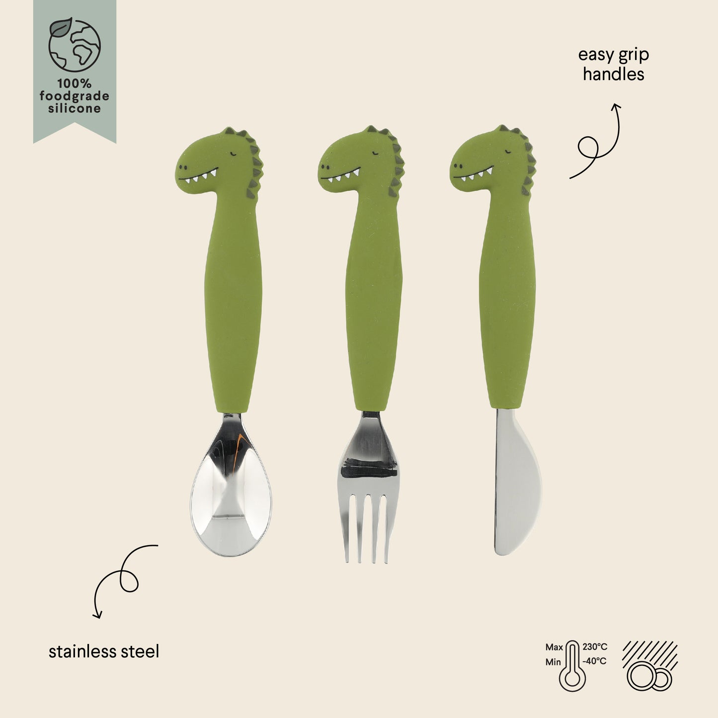 (Pre-Order) SALE Trixie Children's silicone cutlery set, 3-piece - Mr. Dino