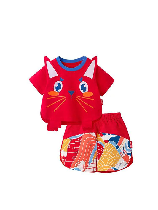 (Pre-Order) Zhang Ming Fu Red Cat Appliqué Top and Printed Shorts